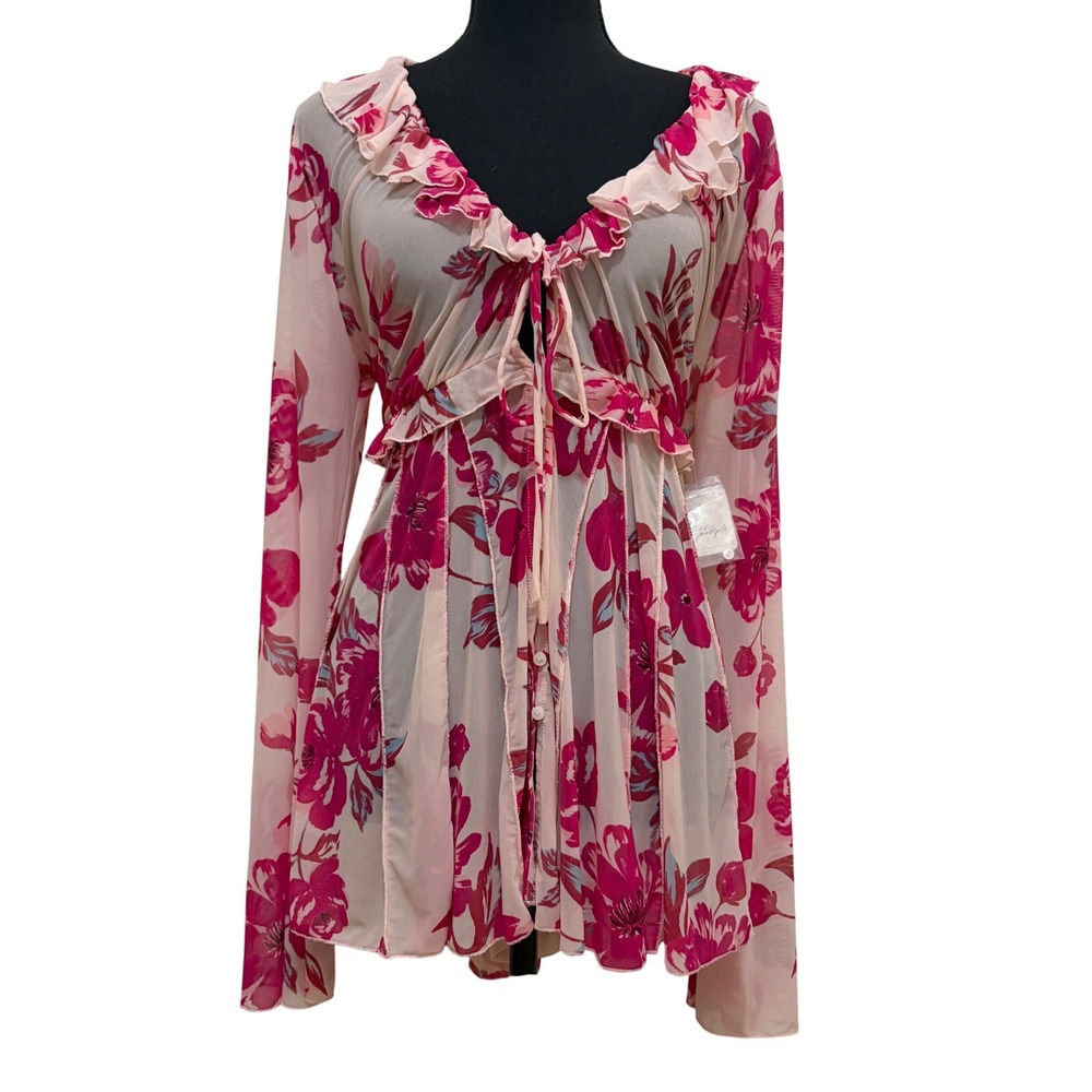 NEW Free People Wildest Dreams Sheer Tunic Top L Pink Floral Ruffle Bell Sleeve